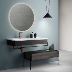 Asymmetric basin and drawer units with mirror. 