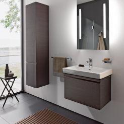 Washbasin and vanity unit with drawer and tall unit. 