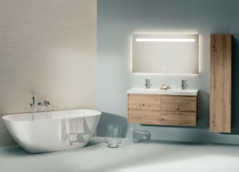 Dual washbasin, tall unit, rectangle mirror and bath. 