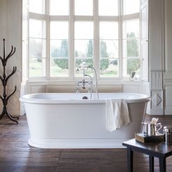 White bathtub with chrome fixtures. 